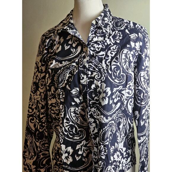 Chaps Petite Women Size PL Cotton Button Up Shirt Black And White Print EUC - Picture 1 of 6